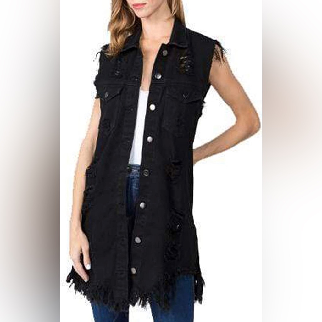 Brand New Womens Black Longline Distressed Denim Vest Nwt